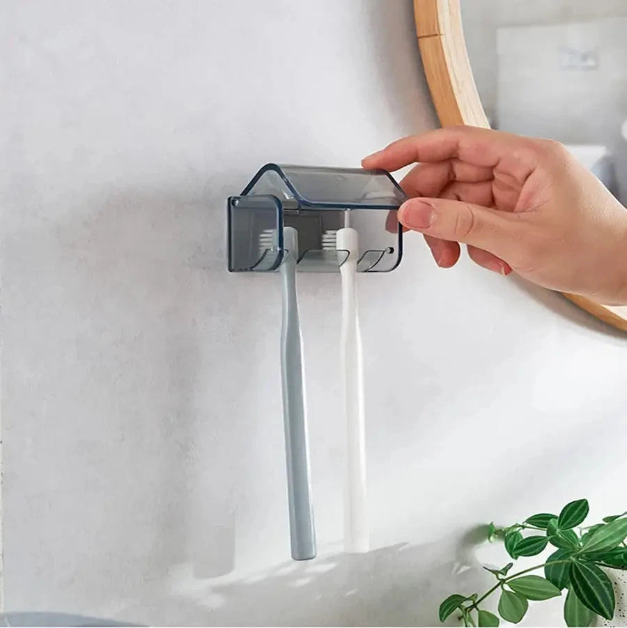 Toothbrush Holder Wall Mounted with Cover Self Adhesive Toothbrushes Holder Dorm Bathrooms and Shower Holds 2 Toothbrushes